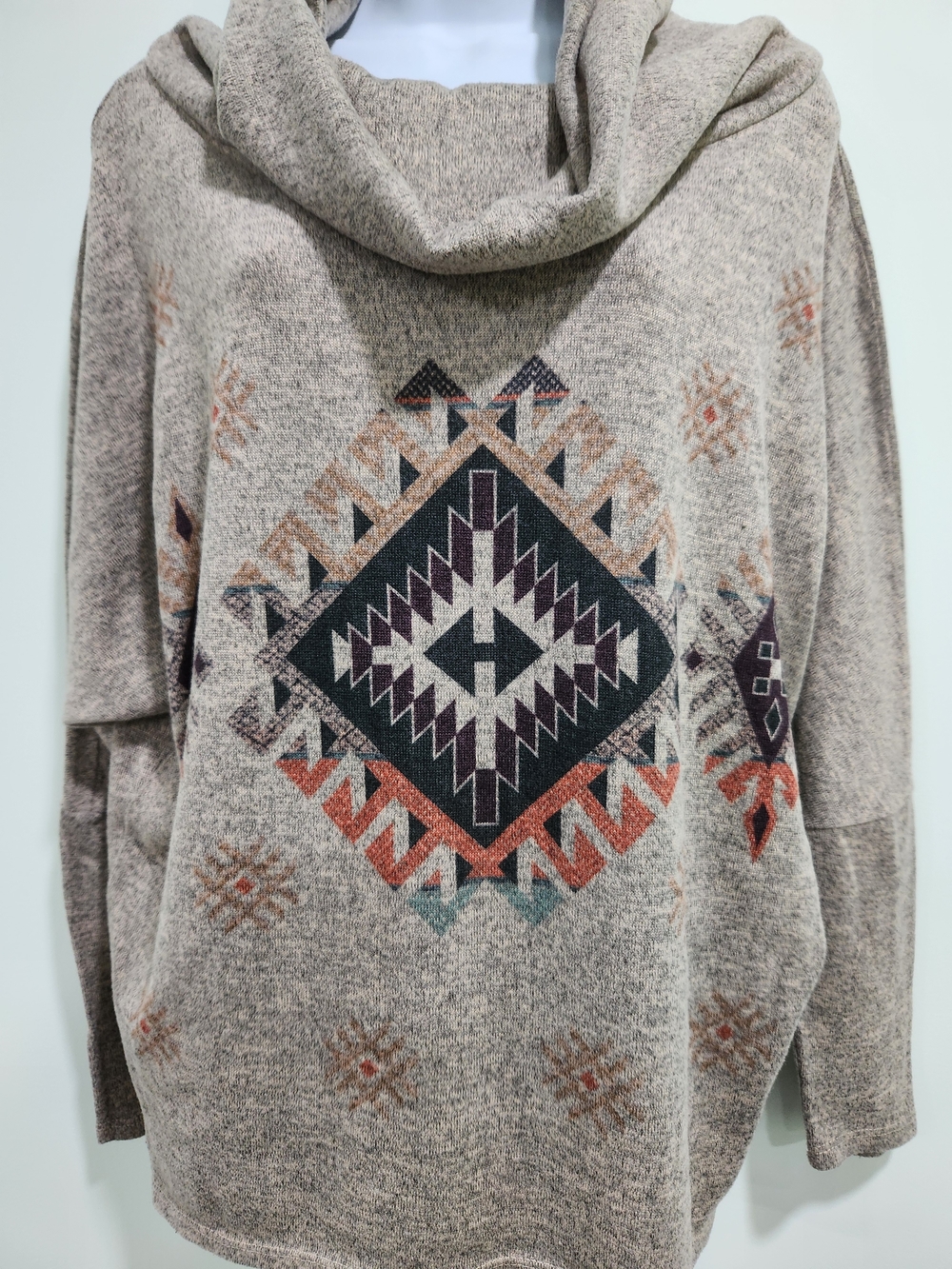 Taupe Cowl Neck Aztec-Print Pullover Sweater
